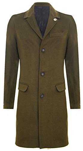 Mens 3/4 Long Wool Olive Crombie Overcoat Jacket Blinders Trench Slim Fit Coat 48