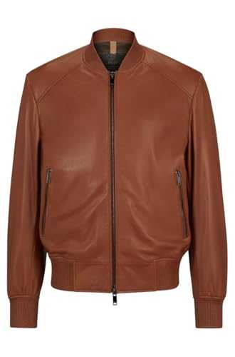 Men's Brown Leather Bomber Jacket Classic Zip Up Style Ribbed Collar Cuffs