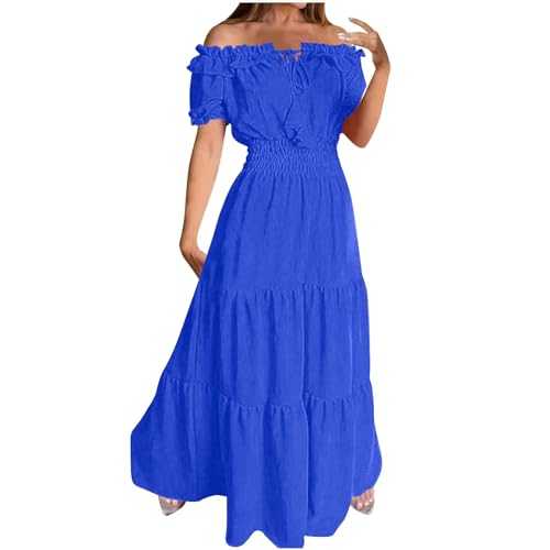 Off Shoulder Dresses Women UK Elegant Shirred Dress Bubble Short Sleeve Elastic Waist Maxi Dresses Boho Casual Beach Dress Holiday Long Sundress A-Line Vintage Milk Maid Dress Ladies