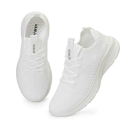 VAMJAM Men's Running Shoes Fashion Sneakers Lightweight Breathable Flying Knitting Lace Up Mesh Walking Shoes Workout Casual Sports Shoes, White022, 5 UK