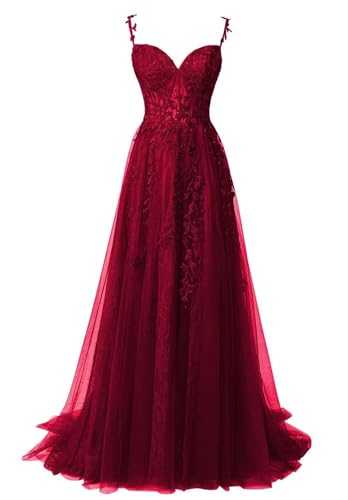 HYEC7 Women's Spaghetti Strap Prom Dress A Line Lace Applique Evening Dress Sweetheart Ball Dress