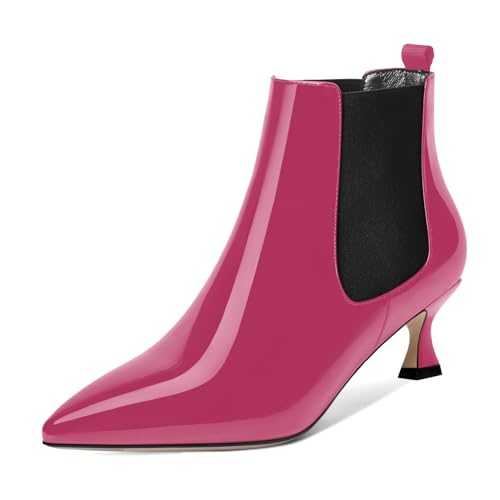 MOVINSTEPS Womens Office Slip On Pointed Toe Patent Cute Kitten Low Heel Ankle High Boots 2 Inch