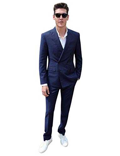 CALVINSUIT Men's Pinstripe Double Breasted 2 Pieces Slim Fit Suit