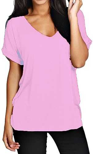 Women Oversized Baggy Loose Fit Turn up Batwing Sleeve Ladies V Neck Top T Shirt