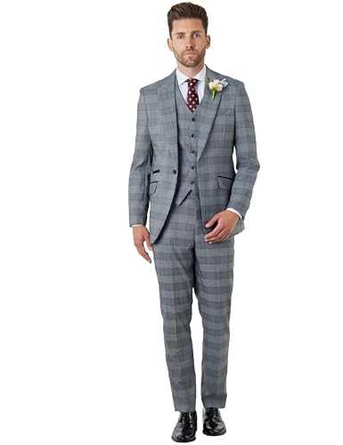 EKON – Mens 3 Piece Prince of Wales Check Suit Classic Tailored Fit Jacket, Waistcoat, Trousers