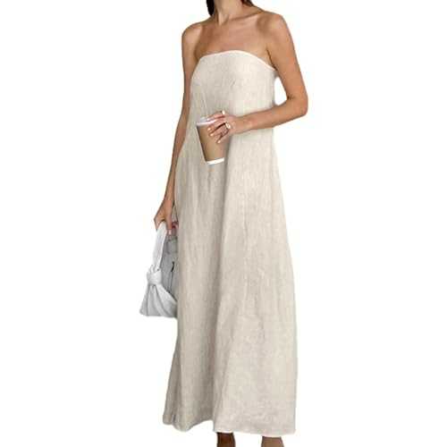 GVCXCSGE Women Strapless Linen Maxi Dress Tubular Top A-line Headband Long Beach Dress Casual Dresses