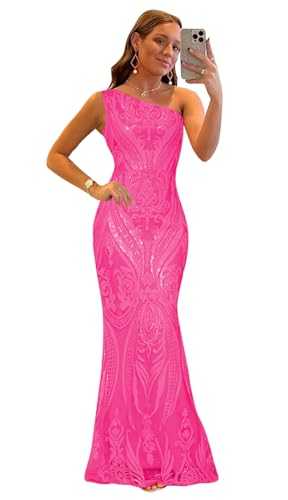 Sequin One Shoulder Prom Dresses for Women Mermaid Long Ball Gown Tight Sparkly Formal Evening Party Dress