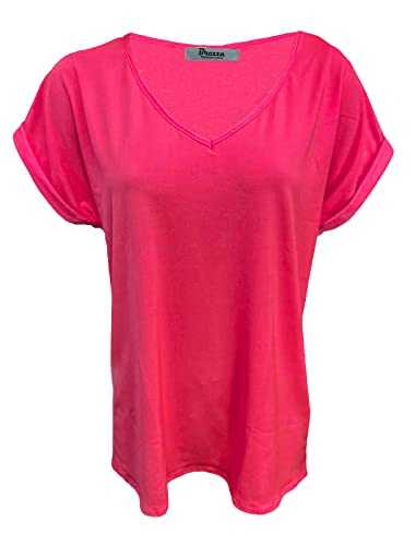 ELUM Womens Ladies Turn Up Sleeves Vneck Baggy TOP Ladies Loose FIT V-Neck Loose Fit Turnup Sleeves Neon T Shirts UK Sizes 8 10 12 14 16 18 20 22 24 26