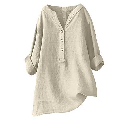 Summer Tops for Women UK Casual Cotton Linen Shirts Roll Up Sleeve Button V Neck Blouses Oversized Loose Tee Shirts Baggy Ladies Lagenlook Top Long Tops to Wear with Leggings UK Size