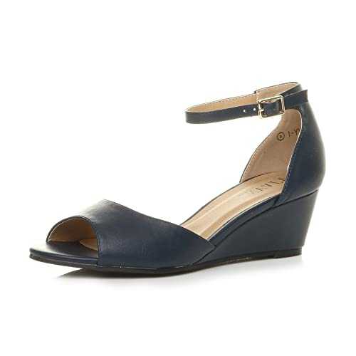 Womens Ladies Low mid Wedge Heel Ankle Strap Casual Evening Sandals Size 6 39, Navy Matte, 6 UK