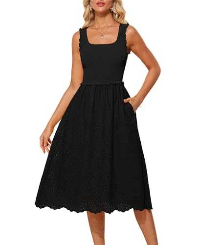 GRACE KARIN Women's Summer Casual Dress Sleeveless Embroidered Dress Midi A-Line Smocked Waist Sundress