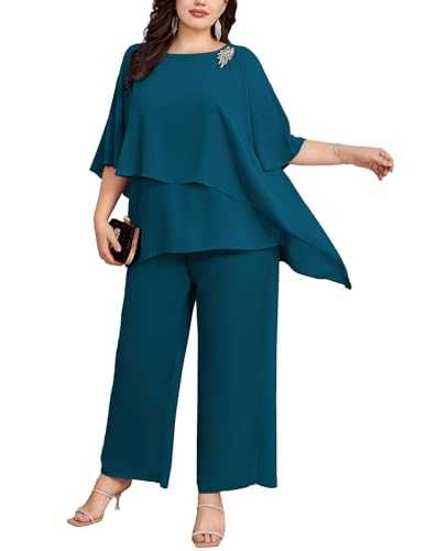 Hanna Nikole Women's Plus Size Elegant Evening Suit Sets 2-Piece Set Cocktail Party Festive Trouser Suit Two-Piece Chiffon Shirt and High Waist Trouser Suit