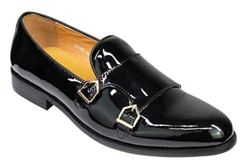 Mens Patent Real Leather Monk Shoes Retro Hi Shine Glossy Slip on Wedding Loafers
