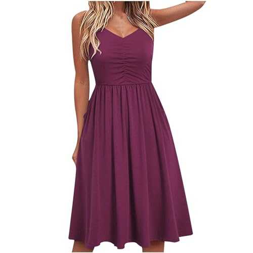 Strappy Summer Dress Women UK Sleeveless V Neck Midi Dresses Casual Solid Color Swing Pleated Dress Elegant Party Knee Length Dress Holiday Beach Dresses Nightdress Lounge Dress