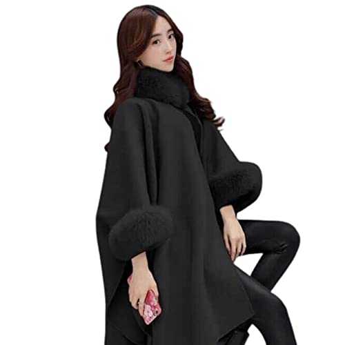 SHINROAD Jacket for Women Cape Solid Color Faux Fur Collar Winter Warm Loose-fitting Mid-length Poncho lady Coat