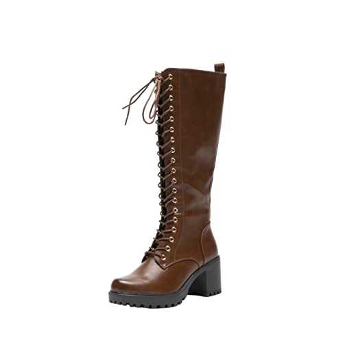 STK TOP STAKA Women's Knee High Boots Lace Up Zip Fastening Long Boots Block Heel Platform Fashion Casual Winter Boots Calf Military Combat Size 3-7.5 UK