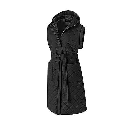 Long Gilet for Women UK Sale Clearance,Ladies Quilted Vest with Hood Belted Petite Elegant Coat Sleeveless Jacket Winter Warm Hooded Lightweight Down Jacket