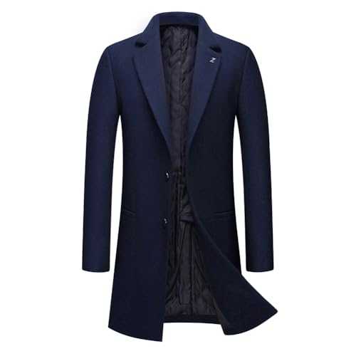 Mens Trench Coat Mid Length Lapel Collar Button Down Winter Warm Thick Coat Slim Fit Jacket Outwear