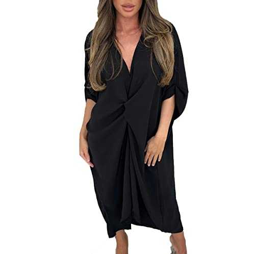 Women’s Ladies V-Neck Knot Twist Short Sleeve Baggy Oversized Loose Fits Smock Midi Casual Longline Summer Dresses for Women UK Plus Size Fits 12-24