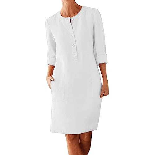 WLHBF Summer Wrap Dress for Women Women Cotton and Linen Button Shirt Dress Plus Size Crewneck Long Sleeve Casual Loose Dresses with Two Pockets Women Summer