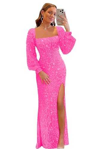 Long Sleeve Sequin Prom Dresses 2025 Sparkly Mermaid Tight Long Formal Evening Party Dress with Slit