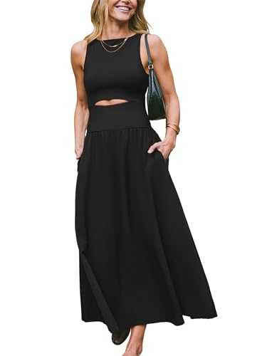 CUPSHE Women's Maxi Dress Round Neck Sleeveless Cutout Pockets Long A Line Casual Summer Dresses