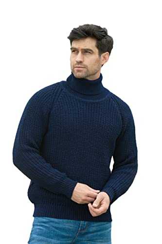 Aran Crafts Men's Irish Cable Knitted Rib Stitch Roll Neck Sweater (100% Pure New Wool)