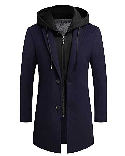 PRIJOUHE Men's Wool Coat Hoodie Long Trench Coat Cotton Casual Woollen Overcoat Jacket