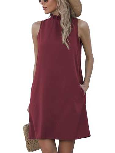 Famulily Women 2024 Casual Mini Dresses Ruffled High Neck Sleeveless A-Line Sun Dress with Pockets S-XXL