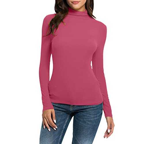 2026 Women's Casual Solid Long Sleeve Mock Turtleneck Blouse Tops Slim Fit Stretchy Layer T-Shirts Women's Pullover with Glitter, Hot Pink, S