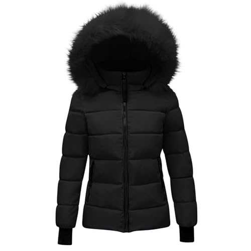 Women's Coats Sale, Ladies Winter Coat with Fur Hood Plain Quilted Puffer Jacket Hooded Parka Coat Warm Coat Thermal Outerwear Outdoor Down Coats Padded Jackets Thicken Overcoat Womens Coats Size 16
