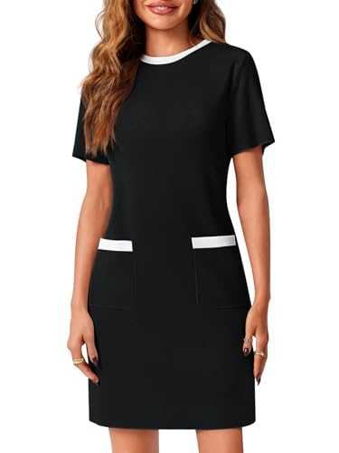 Wenrine Womens Work Dress Business Casual Contrast Color Elegant Short Sleeve Knit Summer Mini Dress
