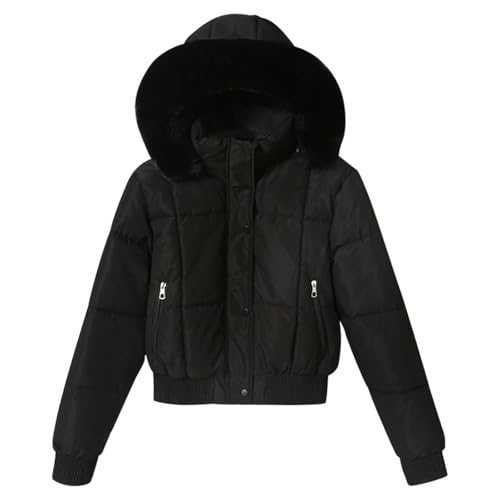 duxyoz Women'S Padded Puffer Jackets Winter Warm Quilted Coat Hooded Long Sleeve Zip Up Short Coat With Furry Hood Lightweight Puffer Coat Softshell Jacket Solid Parka Coat Overcoat