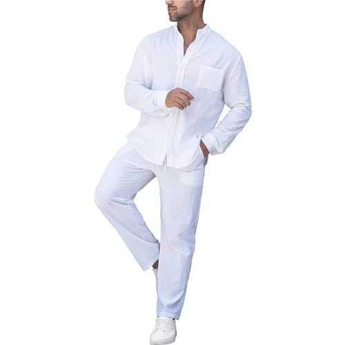 TDEOK Men's Summer Leisure Suit, 2-Piece Men's Outfit, Linen Shirt and Lightweight Trousers, Casual Men's Suit, 2-Piece Sportwear, Sports Suit Men's Short for Everyday Life, Club