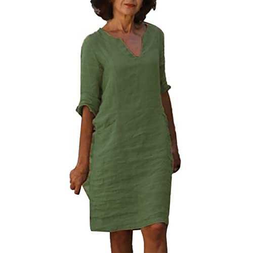 AMDOLE Summer Dresses Medium Cotton and Linen Short Sleeve Holiday Semi Casual Women's V Neck Mini Dress Solid Color Women's Dress Sleeveless Summer Dress