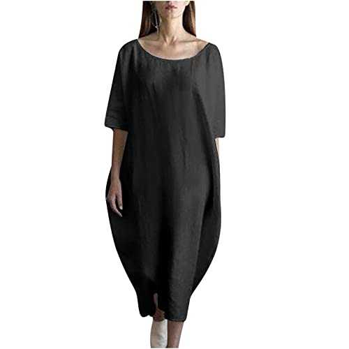 AMhomely Boho Dresses for Women UK Womens Linen Dresses Plus Size Short Sleeve Dress Crewneck Oversized Dresses with Pocket A-line Bubble Dress Elegant Party Dresses Holiday Party Dress