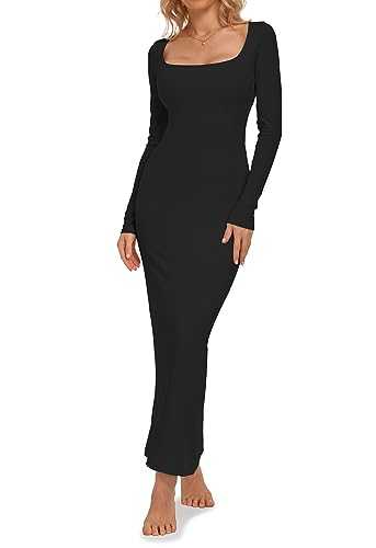 Relety Women's Bodycon Maxi Dresses Ribbed Long Sleeve Lounge Long Dress Square Neck Formal Casual Dresses for Women