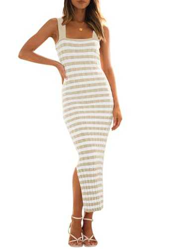 MEROKEETY Women's 2024 Summer Striped Knit Bodycon Midi Dress Square Neck Side Slit Tank Ribbed Sweater Dresses