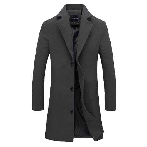 Mens Wool Blend Coat Long Trench Coat Notched Lapel Collar Peacoat Button down Longline Shackets Coat Classic Plain Winter Coats Oversize Windbreak Overcoat for Outing