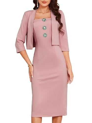 GRACE KARIN Women's 2 Piece Business Dress Suit 3/4 Sleeve for Office Spaghetti Straps Back Slit Rhinestones Decorated Bodycon Dress Wedding Guest Dresses