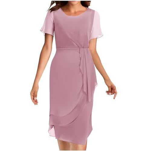 Elegant Dresses for Women UK Clearance Summer Wrap Dress Short Sleeve Dress Chiffon Ruffle Dress High Waist Midi Dres Bodycon Long Dress Ladies Slim Fit Work Dress Formal Wedding Guest Dress
