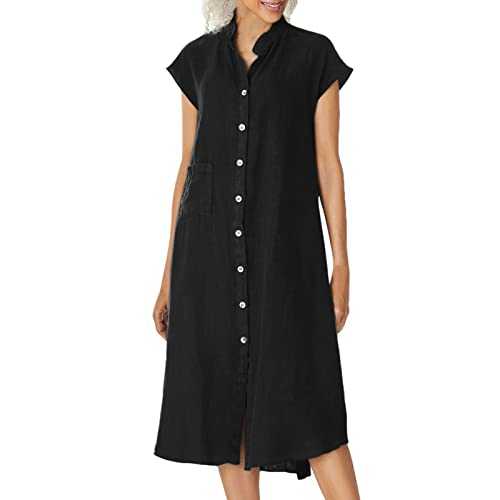 AMDOLE Short Sleeve Dress T Shirt Womens Button Up Shirt Dress Cotton Dress Summer Long Dresses with Pockets Maxi Beach Dress