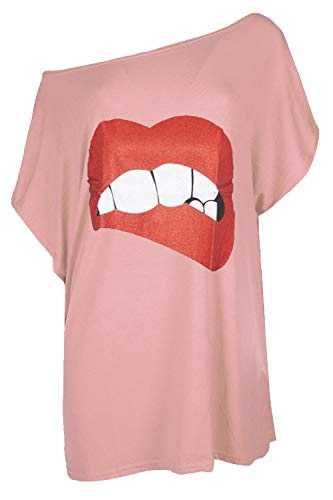 Fashion Star Womens Oversize Biting Lips Glitter Batwing Stretchy Casual Baggy T Shirt Top