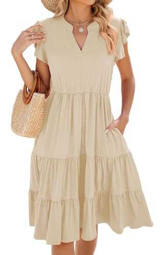 Women's Summer Dress Ruffle Short Sleeve V-Neck Midi Dress Flowy A Line Dress Boho Holiday Beach Dress Elegant Solid Color Casual Dress with Pockets Vacation Sundress