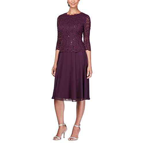 Alex Evenings Women's Tea Length Sequin Lace Mock Dress (Petite and Regular) Special Occasion