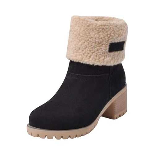DFSDJEUW Womens Winter Boots Ladies Fur Lined Mid Calf Boots Flat Suede Warm Leather Snow Boots Non Slip Walking Boots Chunky Heel Ankle Boots Comfort Slip On Black Brown Grey Khaki Size 3-8 UK