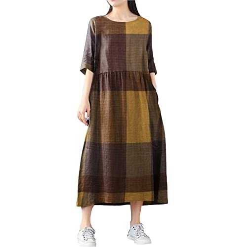 Women Dress Sale Clearance Fashion Dressy Retro Loose Casual Pullover Cotton Long Skirt Plaid Casual Long Sleeve Floral Sundress