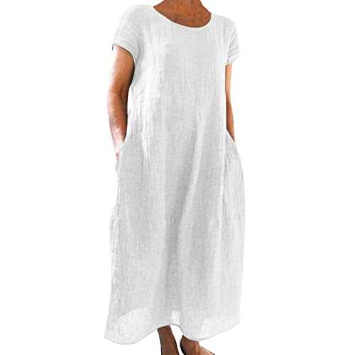Summer Dresses for Women with Pockets Casual Short Sleeve Crewneck Linen Dress Loose Plus Size Solid Color Swing Shirt Midi Sundress Holiday Vacation Beach Womens Dresses