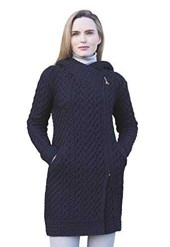 Aran Crafts Women's Cable Knit Long Hooded Side Zip Coat (100% Merino Wool)