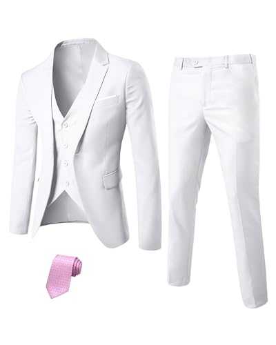 YND Men's Slim Fit 3 Piece Suit Set, One Button Solid Blazer Vest Pants with Tie